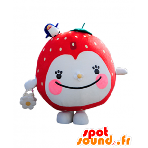 Mascot morango vermelha e branca, gigante e sorrindo - MASFR25377 - Yuru-Chara Mascotes japoneses