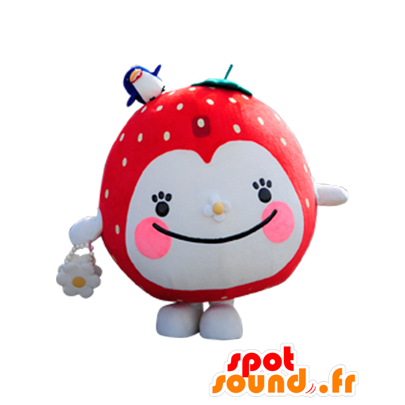 Mascotte fragola rosso e bianco, gigante e sorridente - MASFR25377 - Yuru-Chara mascotte giapponese