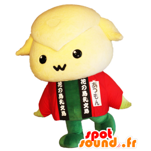 Mascot Atsumon, keltainen ja vihreä lampaita, jossa on punainen kaapu - MASFR25380 - Mascottes Yuru-Chara Japonaises