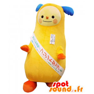 Mascotte de Dappuu, bonhomme jaune, avec des cornes bleu d'élan - MASFR25383 - Mascottes Yuru-Chara Japonaises
