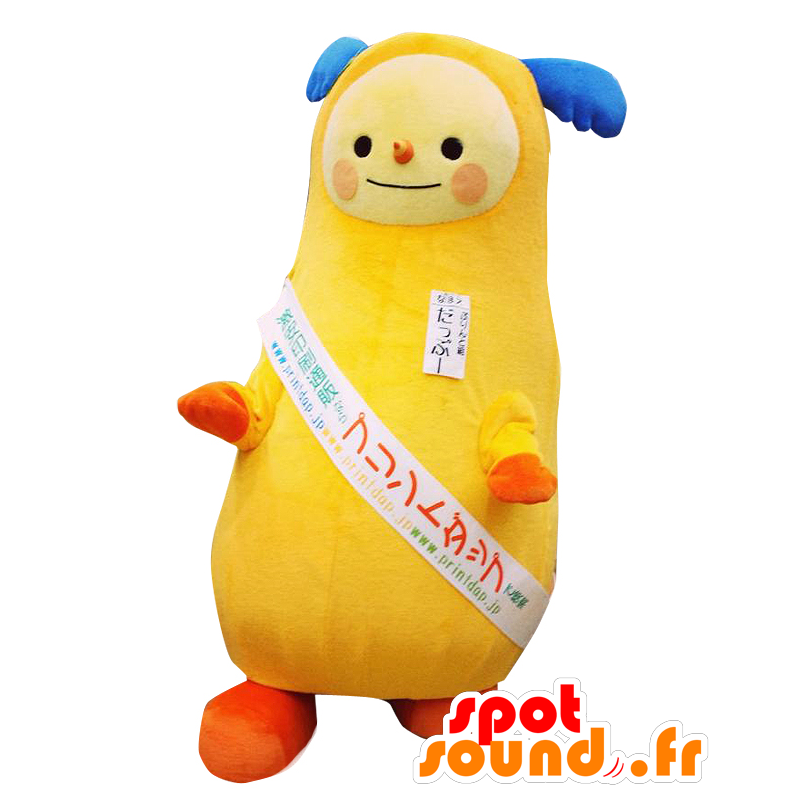 Mascotte de Dappuu, bonhomme jaune, avec des cornes bleu d'élan - MASFR25383 - Mascottes Yuru-Chara Japonaises