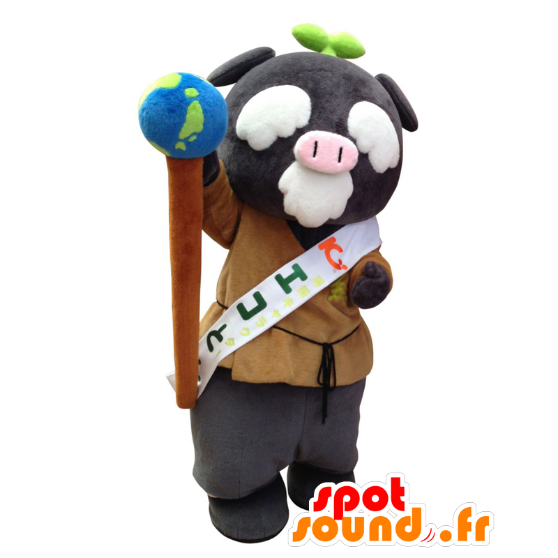 Mascota Ecoton, cerdo gris, viejo hombre con un mapa del mundo - MASFR25386 - Yuru-Chara mascotas japonesas