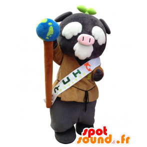 Mascota Ecoton, cerdo gris, viejo hombre con un mapa del mundo - MASFR25386 - Yuru-Chara mascotas japonesas