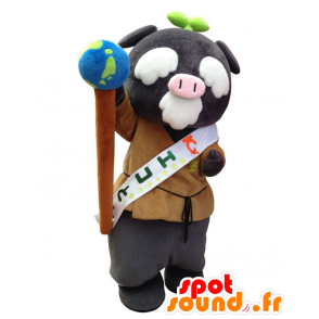 Mascotte d'Ecoton, cochon gris, vieil homme avec une mappemonde - MASFR25386 - Mascottes Yuru-Chara Japonaises