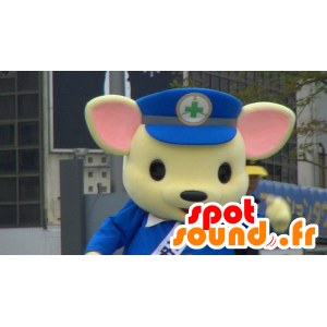 Mascot Teddy amarelo e rosa, uniforme azul - MASFR25390 - Yuru-Chara Mascotes japoneses
