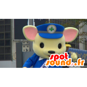 Mascot Teddy geel en roze, blauw uniform - MASFR25390 - Yuru-Chara Japanse Mascottes