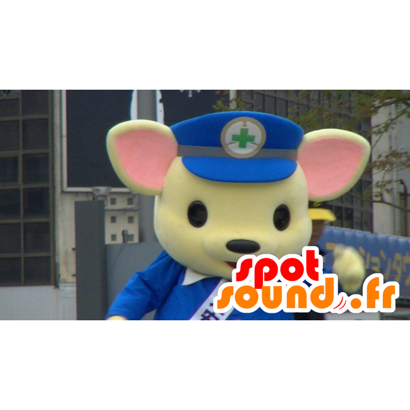 Mascotte de nounours jaune et rose, en uniforme bleu - MASFR25390 - Mascottes Yuru-Chara Japonaises