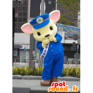 Mascotte de nounours jaune et rose, en uniforme bleu - MASFR25390 - Mascottes Yuru-Chara Japonaises