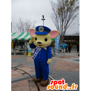 Mascotte de nounours jaune et rose, en uniforme bleu - MASFR25390 - Mascottes Yuru-Chara Japonaises