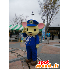 Gul och rosa nallebjörnmaskot, i blå uniform - Spotsound maskot