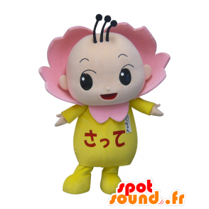 Mascotte Sacchan, bambino, rosa infantile e fiore giallo - MASFR25392 - Yuru-Chara mascotte giapponese