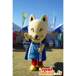 Mascotte de chat jaune, avec une tenue bleue et rouge - MASFR25399 - Mascottes Yuru-Chara Japonaises
