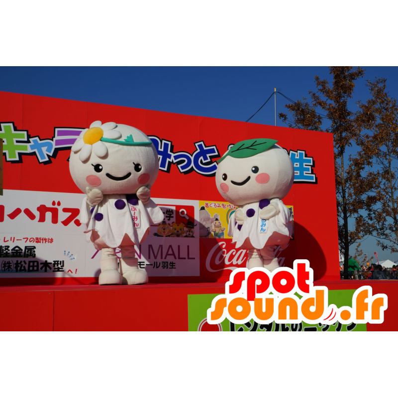 2 mascotas ronda blancas, flores - MASFR25401 - Yuru-Chara mascotas japonesas