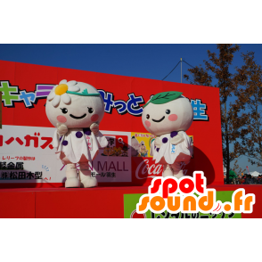 2 round white mascots, flowers - MASFR25401 - Yuru-Chara Japanese mascots