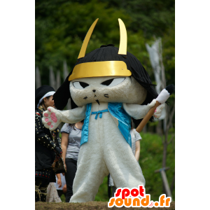 Valkoinen kissa maskotti kissa samurai kanssa musta kypärä - MASFR25405 - Mascottes Yuru-Chara Japonaises