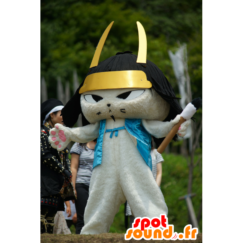 Gatto bianco mascotte, gatto samurai con un casco nero - MASFR25405 - Yuru-Chara mascotte giapponese