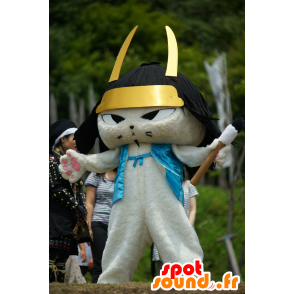 Branco mascote gato samurai gato com um capacete preto - MASFR25405 - Yuru-Chara Mascotes japoneses