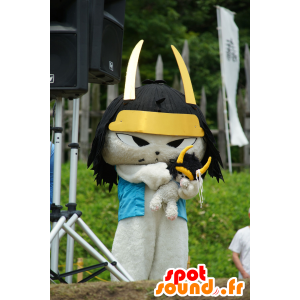 Gatto bianco mascotte, gatto samurai con un casco nero - MASFR25405 - Yuru-Chara mascotte giapponese