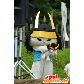 Gatto bianco mascotte, gatto samurai con un casco nero - MASFR25405 - Yuru-Chara mascotte giapponese