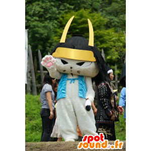 Gatto bianco mascotte, gatto samurai con un casco nero - MASFR25405 - Yuru-Chara mascotte giapponese