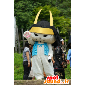白猫のマスコット、黒いヘルメットをかぶった侍猫-MASFR25405-日本のゆるキャラのマスコット