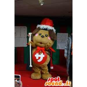 Brun hundemaskot med en julehat - Spotsound maskot kostume