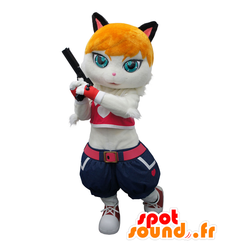 Mascotte de Terisia, chat avec des cheveux orange et un jean - MASFR25425 - Mascottes Yuru-Chara Japonaises