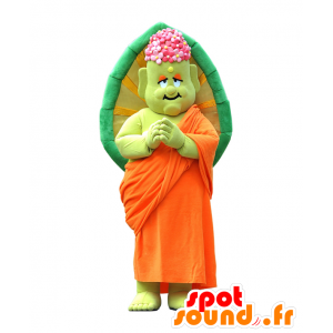 Shakame-kun maskot, grön munk, i traditionell orange klänning -