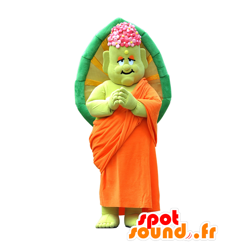 Maskotti Shakame-kun, vihreä munkin oranssi perinteisessä asussa - MASFR25433 - Mascottes Yuru-Chara Japonaises