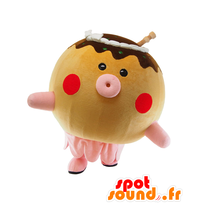 Mascotte de Takobo, poulpe marron, rose et beige, tout rond - MASFR25437 - Mascottes Yuru-Chara Japonaises