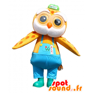 Maskot Mokuji, oranžová a žlutá sova s ​​kombinézou - MASFR25444 - Yuru-Chara japonské Maskoti