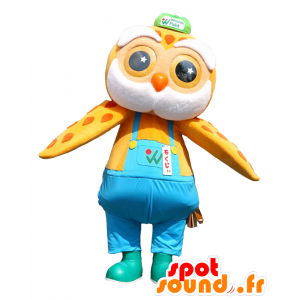 Mokuji maskot, orange och gul uggla med overaller - Spotsound