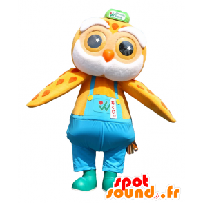 Mascotte Mokuji, arancio e giallo con gufo tuta - MASFR25444 - Yuru-Chara mascotte giapponese