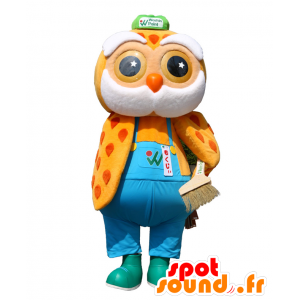 Mascotte Mokuji, arancio e giallo con gufo tuta - MASFR25444 - Yuru-Chara mascotte giapponese