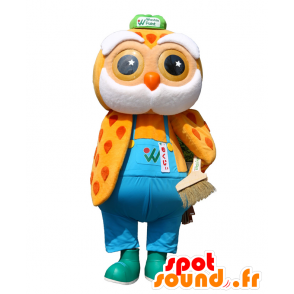 Mokuji Maskottchen, orange und gelbe Eule mit Overalls - MASFR25444 - Yuru-Chara japanischen Maskottchen