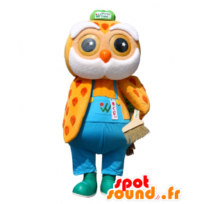 Mascot Mokuji, oransje og gul ugle med kjeledress - MASFR25444 - Yuru-Chara japanske Mascots