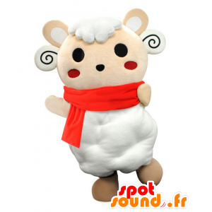 Pido-chan Maskottchen, weiß und beige Lammfell, mit einem Schal - MASFR25459 - Yuru-Chara japanischen Maskottchen
