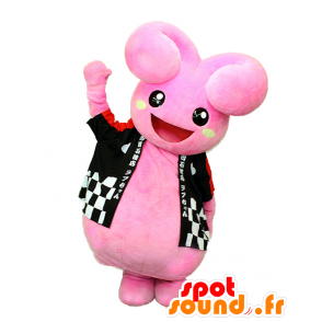 Mascotte de Rabu-chan, lapin rose, très souriant, avec une veste - MASFR25464 - Mascottes Yuru-Chara Japonaises