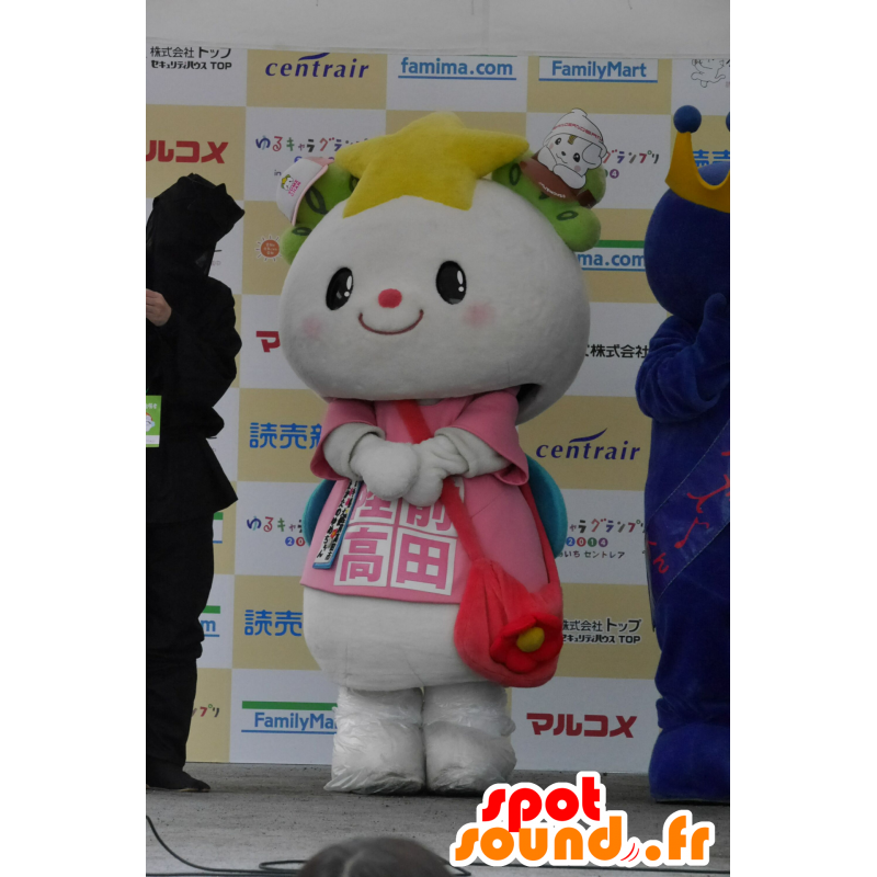 White rabbit mascot dressed in pink, with blue wings - MASFR25468 - Yuru-Chara Japanese mascots