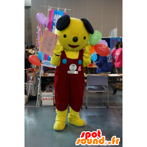 Mascot cão amarelo e preto com um macacão vermelho - MASFR25471 - Yuru-Chara Mascotes japoneses