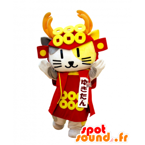 Mascotte Yukitan, giallo e bianco gatto vestita di samurai - MASFR25474 - Yuru-Chara mascotte giapponese