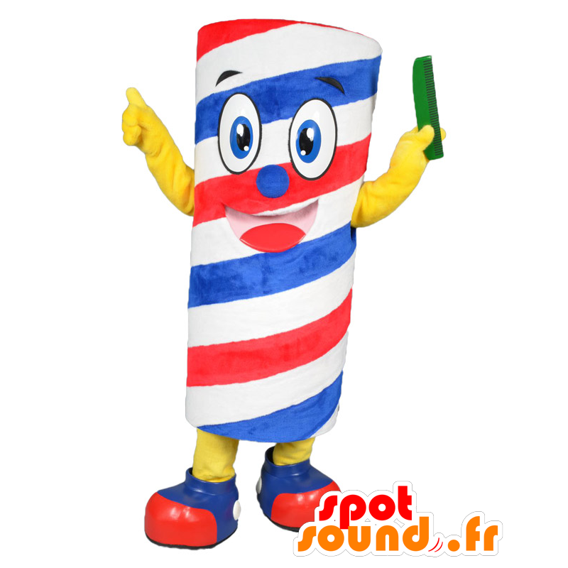 Mascot Barber-kun, farverig curler, hvid, rød og blå -