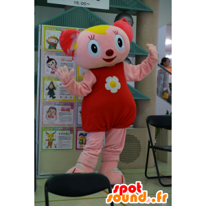 Mascotte de chat rose, rouge et jaune, très souriante - MASFR25487 - Mascottes Yuru-Chara Japonaises
