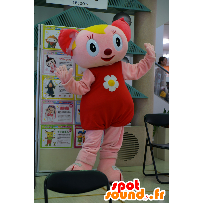 Mascotte de chat rose, rouge et jaune, très souriante - MASFR25487 - Mascottes Yuru-Chara Japonaises