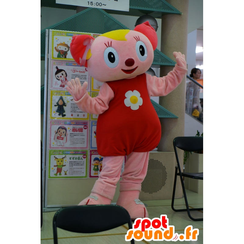 Pink cat mascot, red and yellow, very smiling - MASFR25487 - Yuru-Chara Japanese mascots