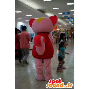 Pink cat mascot, red and yellow, very smiling - MASFR25487 - Yuru-Chara Japanese mascots