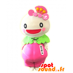Mascotte d'Abenon, de personnage blanc et rose, très souriant - MASFR25491 - Mascottes Yuru-Chara Japonaises