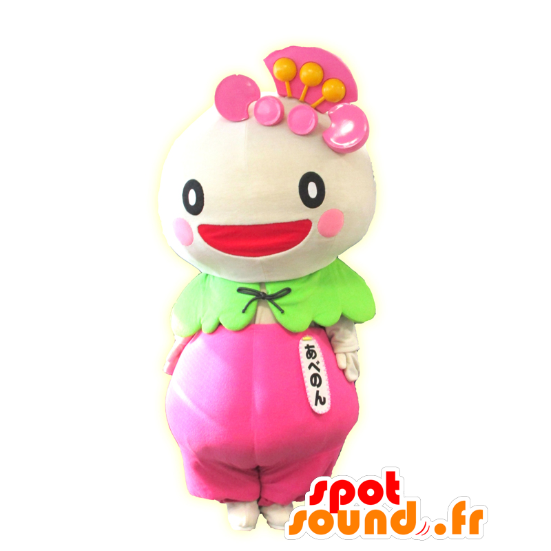 Mascot Abenon, vit och rosa karaktär, mycket leende - Spotsound