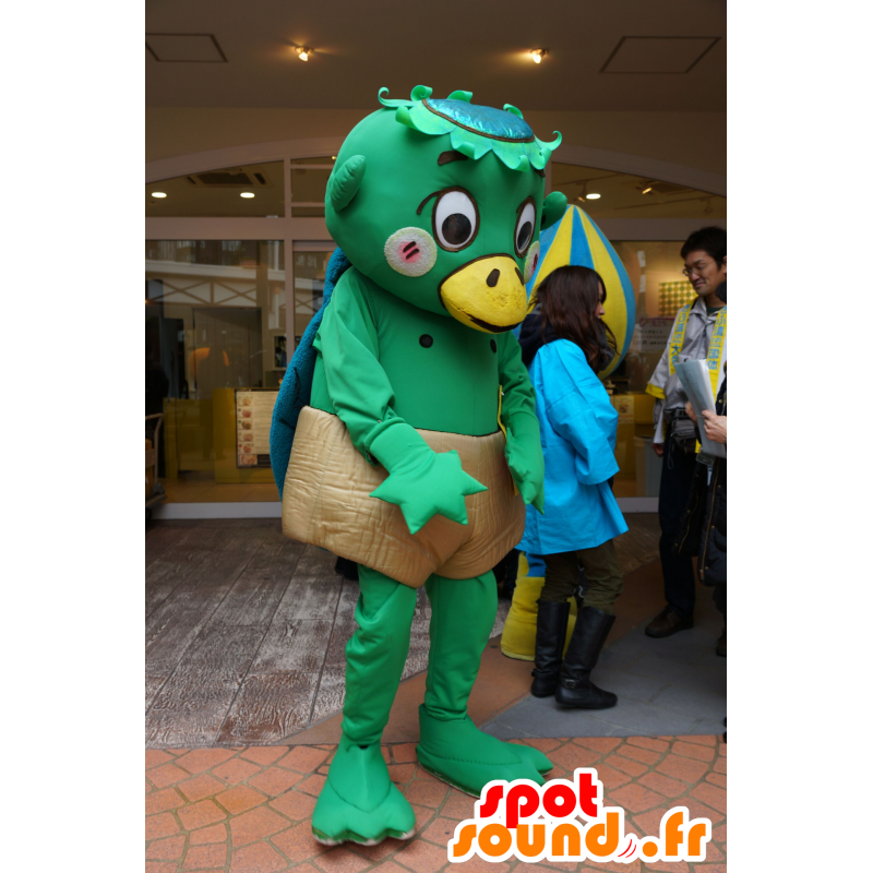 Verde e giallo anatra mascotte, con pantaloncini marroni - MASFR25493 - Yuru-Chara mascotte giapponese