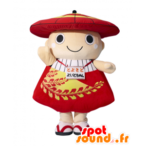 Maskot Yoito-chan, asiatiskt barn i röd, gul och vit outfit -